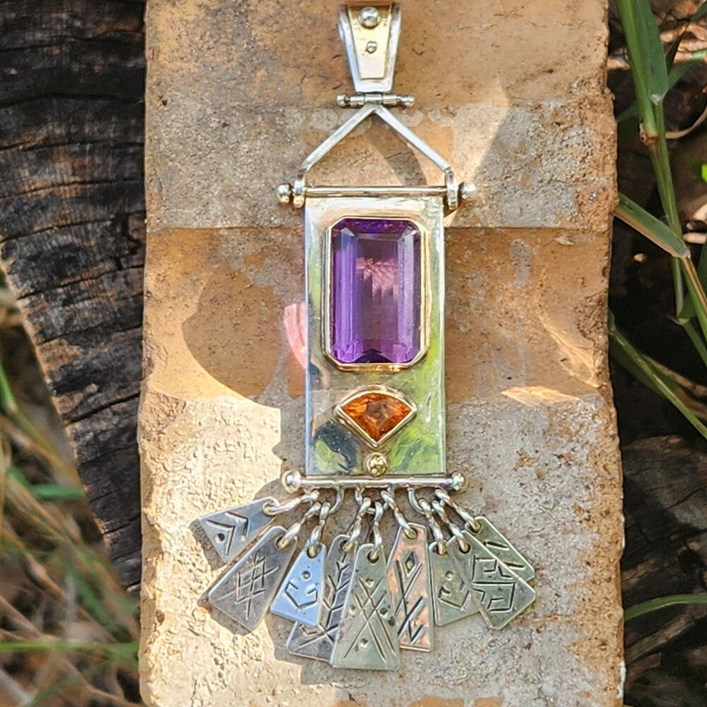 Modernist Mexican Artisan faceted Amethyst & Citrine Pendant 925 sterling signed